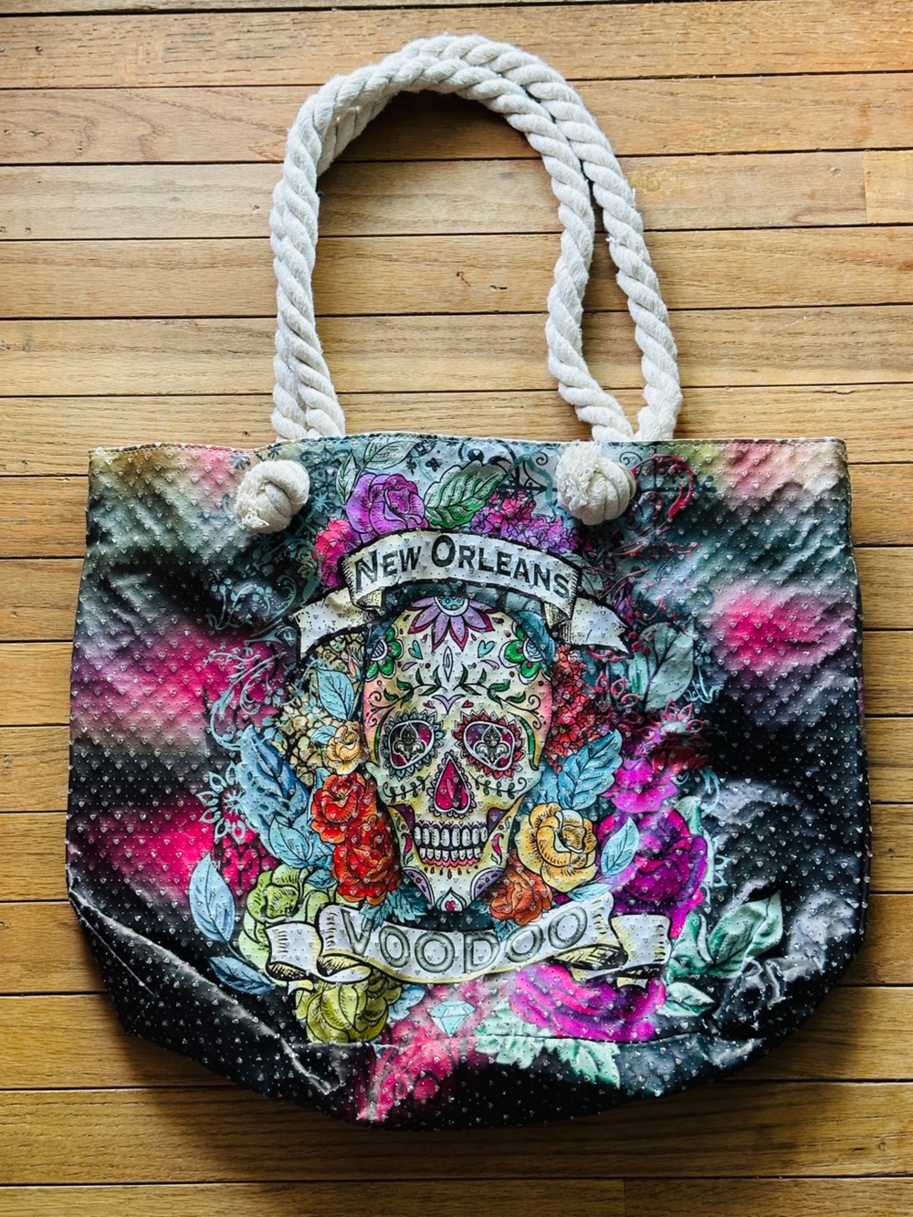 New Orleans Floral Sugar Skull Rope-Handle Zippered Tote Bag - Multicolor